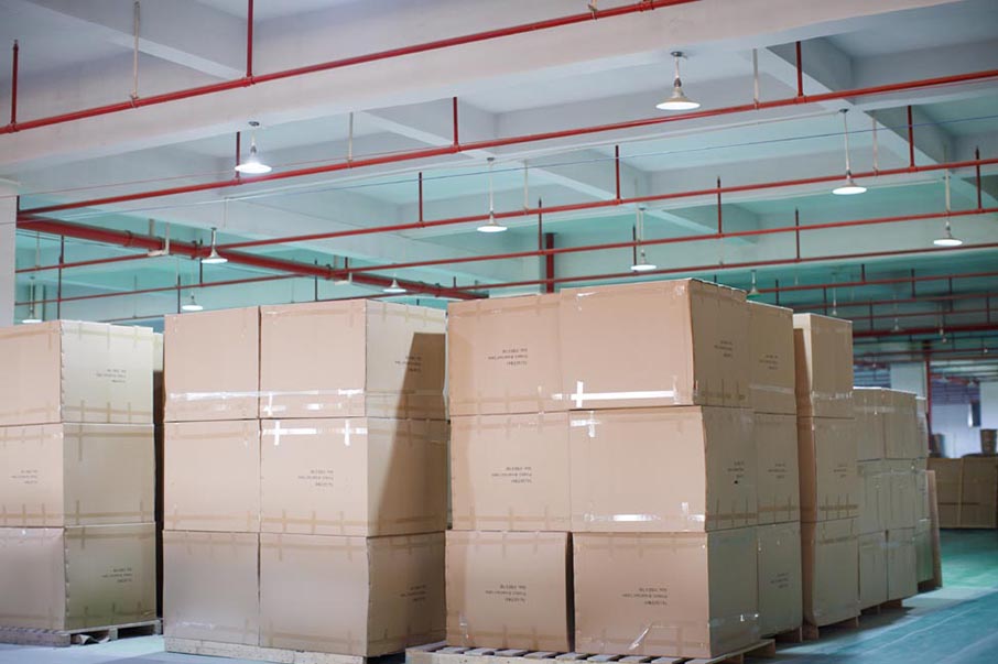 Packed furniture cartons on pallets in the warehouse ready for ocean freight from China to the USA